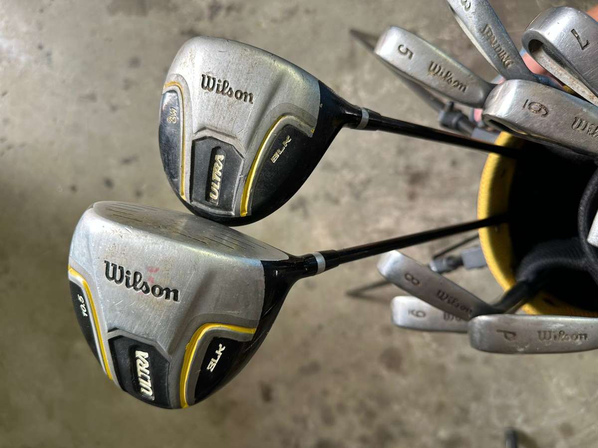 WILSON GOLF SET-STANDING BAG- 2 DRIVERS IRONS- 3 (SPALDING)5,6,7,8,9 AND PITCHING WEDGE-AVENGER 11 P
