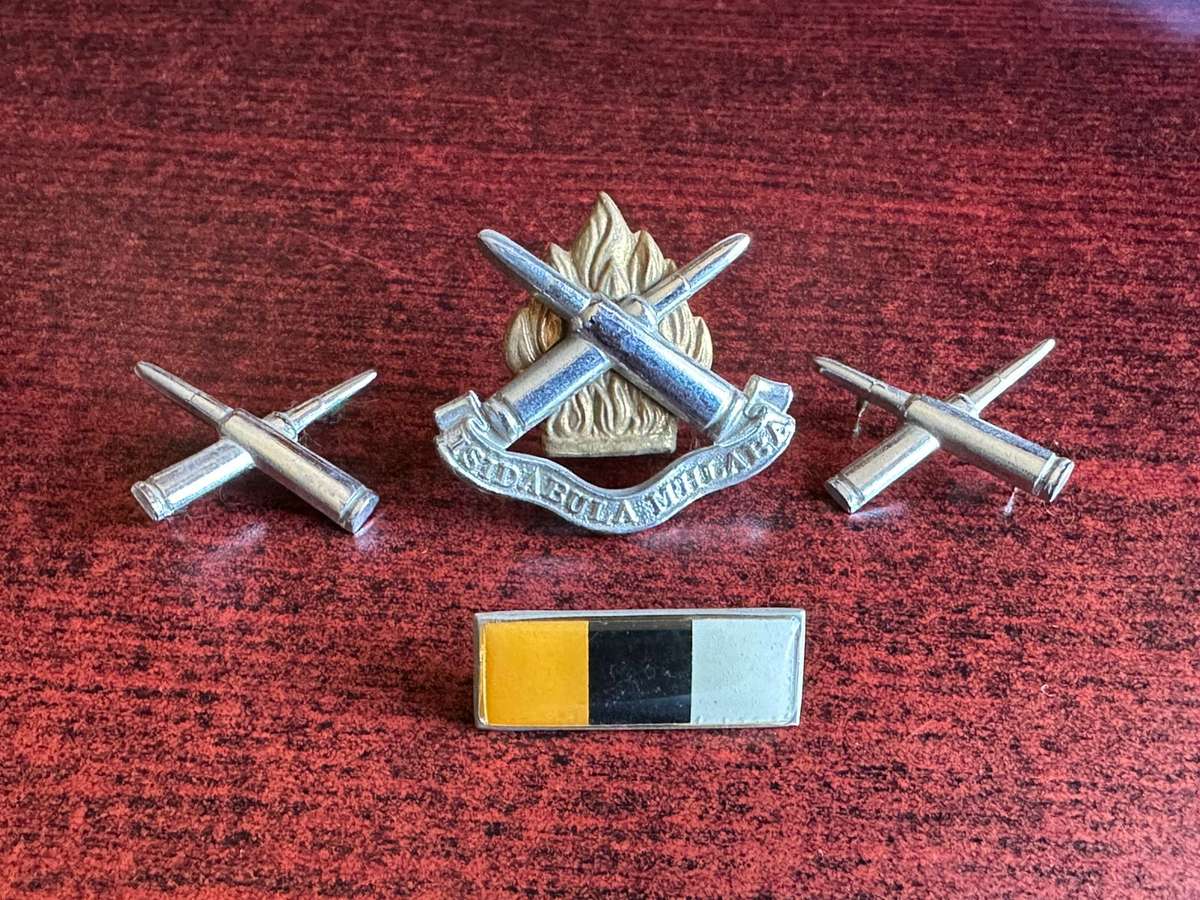 AMMUNITION CORPS BI/METAL CAP, COLLARS AND BERET BAR -APPROVED 1976- ALL LUGS + PINS COMPLETE