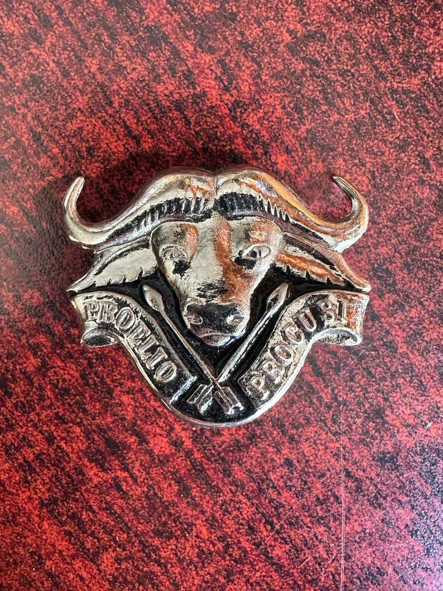 32 BATTALION CHROMED AND ENAMEL CAP BADGE- APPROVED IN 1977- 2 LUGS