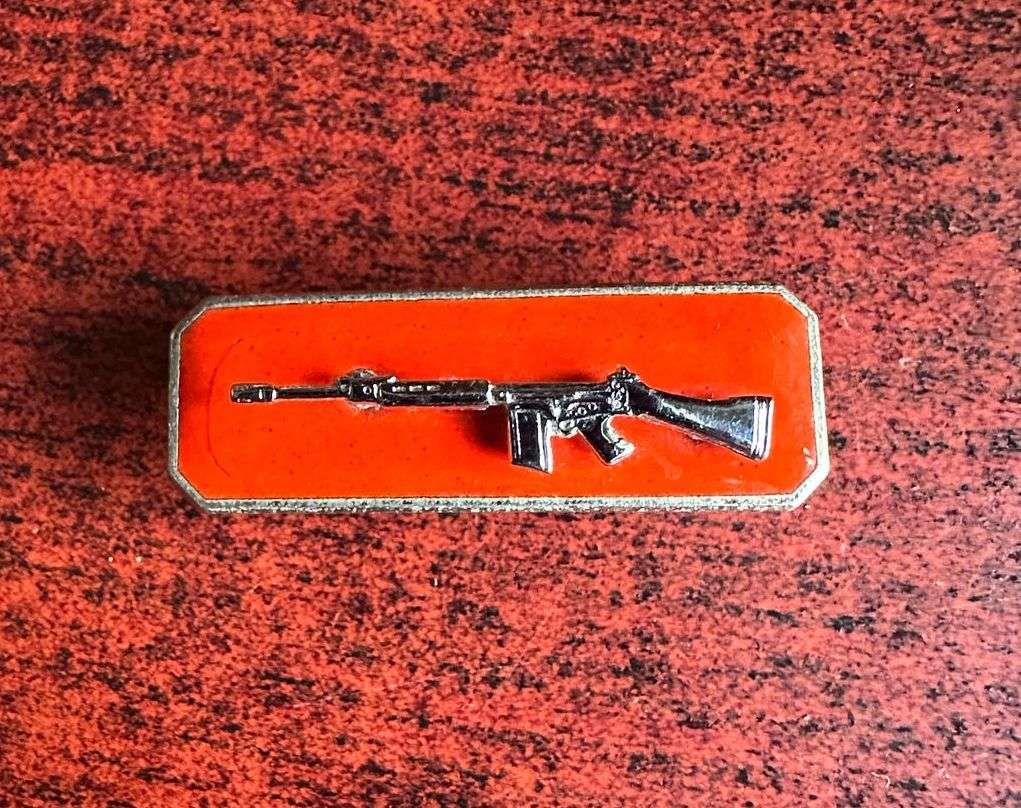 ARMY SHARPSHOOTERS BADGE-CHROMED RIFLE ON ENAMEL BACKING- 2 PINS