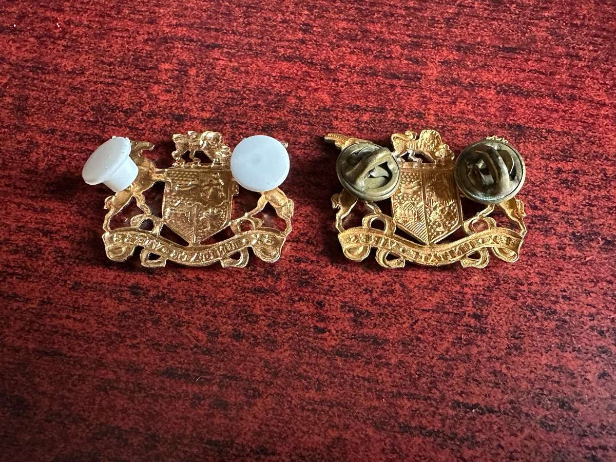 SA SERGEANT MAJOR CLASS 1 BRASS RANK BADGE PAIR-WORN 1920'S-1950'S-PIN S COMPLETE