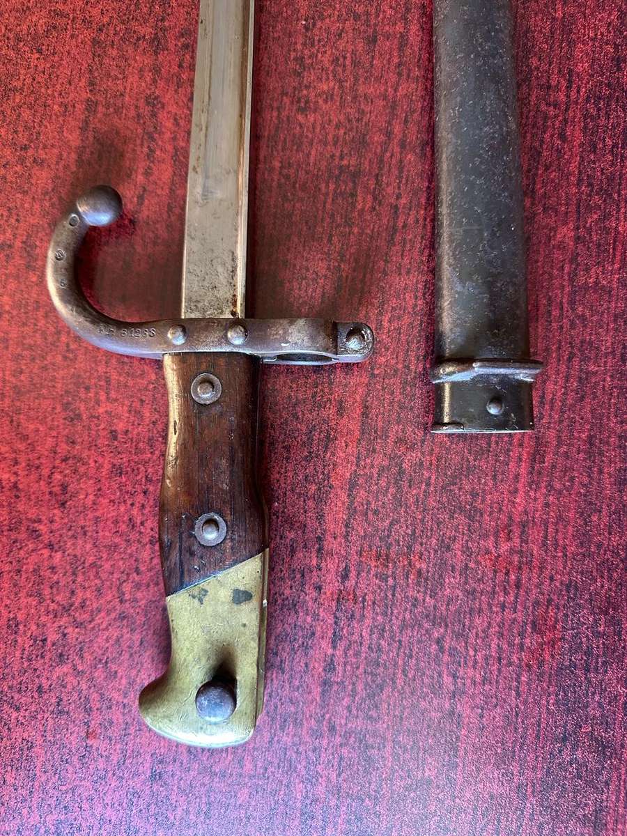 FRENCH 1874 YATAGHAN BAYONET WITH T-FORM BLADE-METAL SCABBARD -THIS BAYONET IS STILL IN OVERALL GOOD