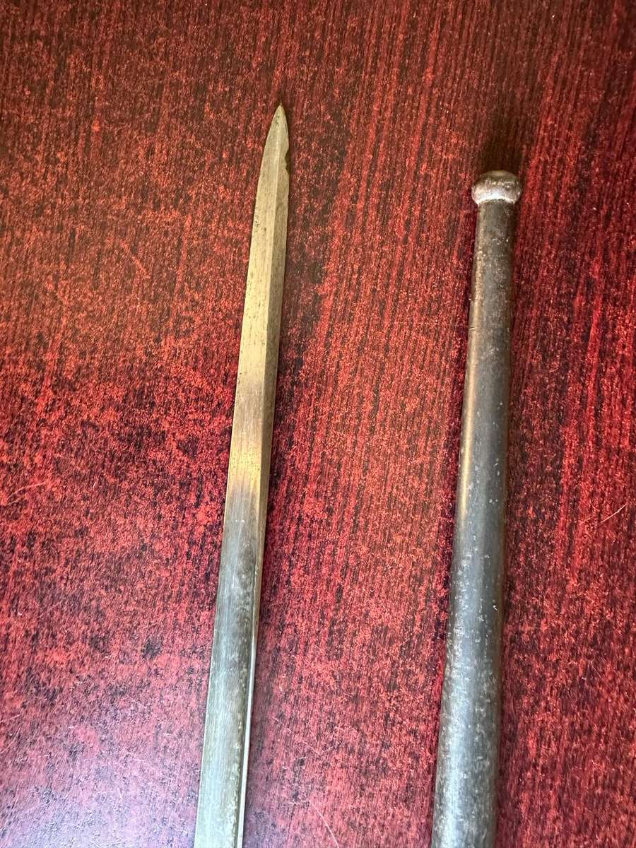 FRENCH 1874 YATAGHAN BAYONET WITH T-FORM BLADE-METAL SCABBARD -THIS BAYONET IS STILL IN OVERALL GOOD