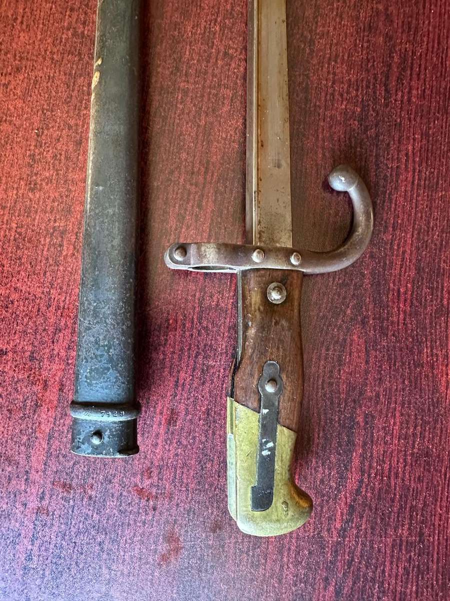 FRENCH 1874 YATAGHAN BAYONET WITH T-FORM BLADE-METAL SCABBARD -THIS BAYONET IS STILL IN OVERALL GOOD