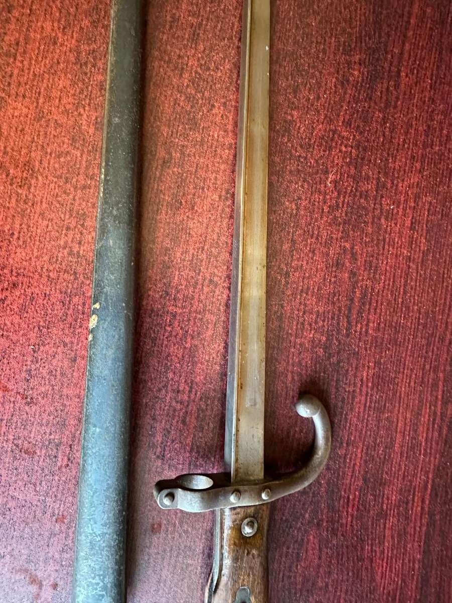 FRENCH 1874 YATAGHAN BAYONET WITH T-FORM BLADE-METAL SCABBARD -THIS BAYONET IS STILL IN OVERALL GOOD