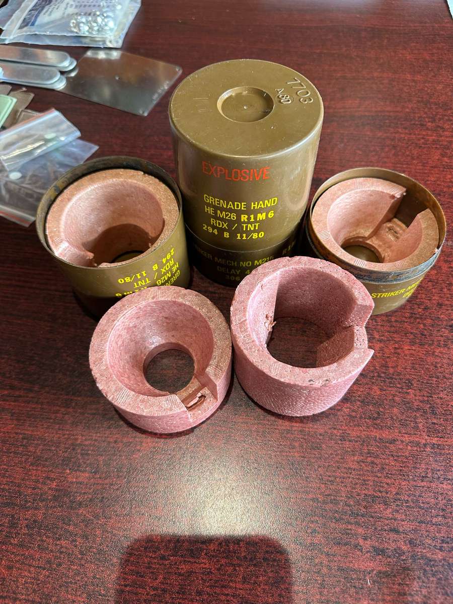 PLASTIC CANNISTER FOR THE M26 HANDGRENADE,COMPLETE WITH POLYSTYRENE INSERTS-IN VERY GOOD CONDITION-H