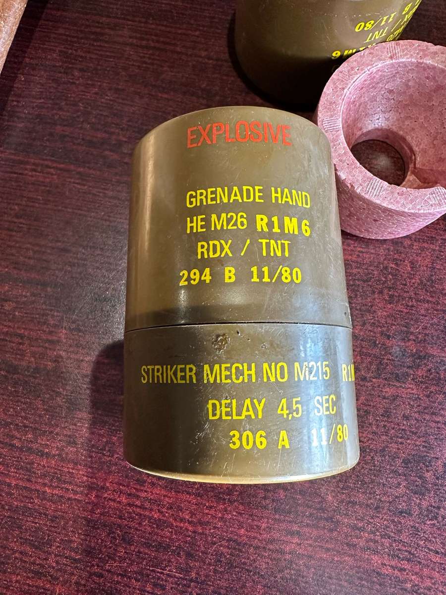 PLASTIC CANNISTER FOR THE M26 HANDGRENADE,COMPLETE WITH POLYSTYRENE INSERTS-IN VERY GOOD CONDITION-H