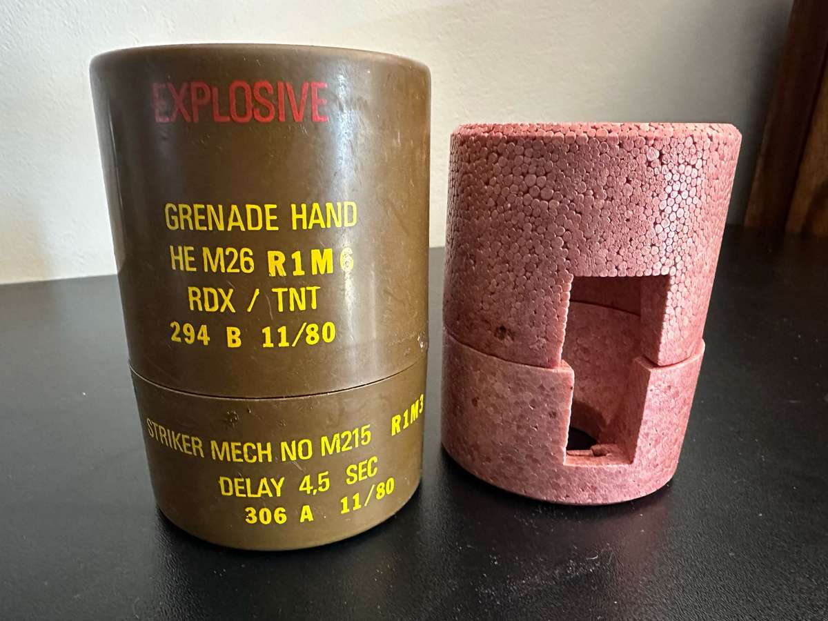 PLASTIC CANNISTER FOR THE M26 HANDGRENADE,COMPLETE WITH POLYSTYRENE INSERTS-IN VERY GOOD CONDITION-H