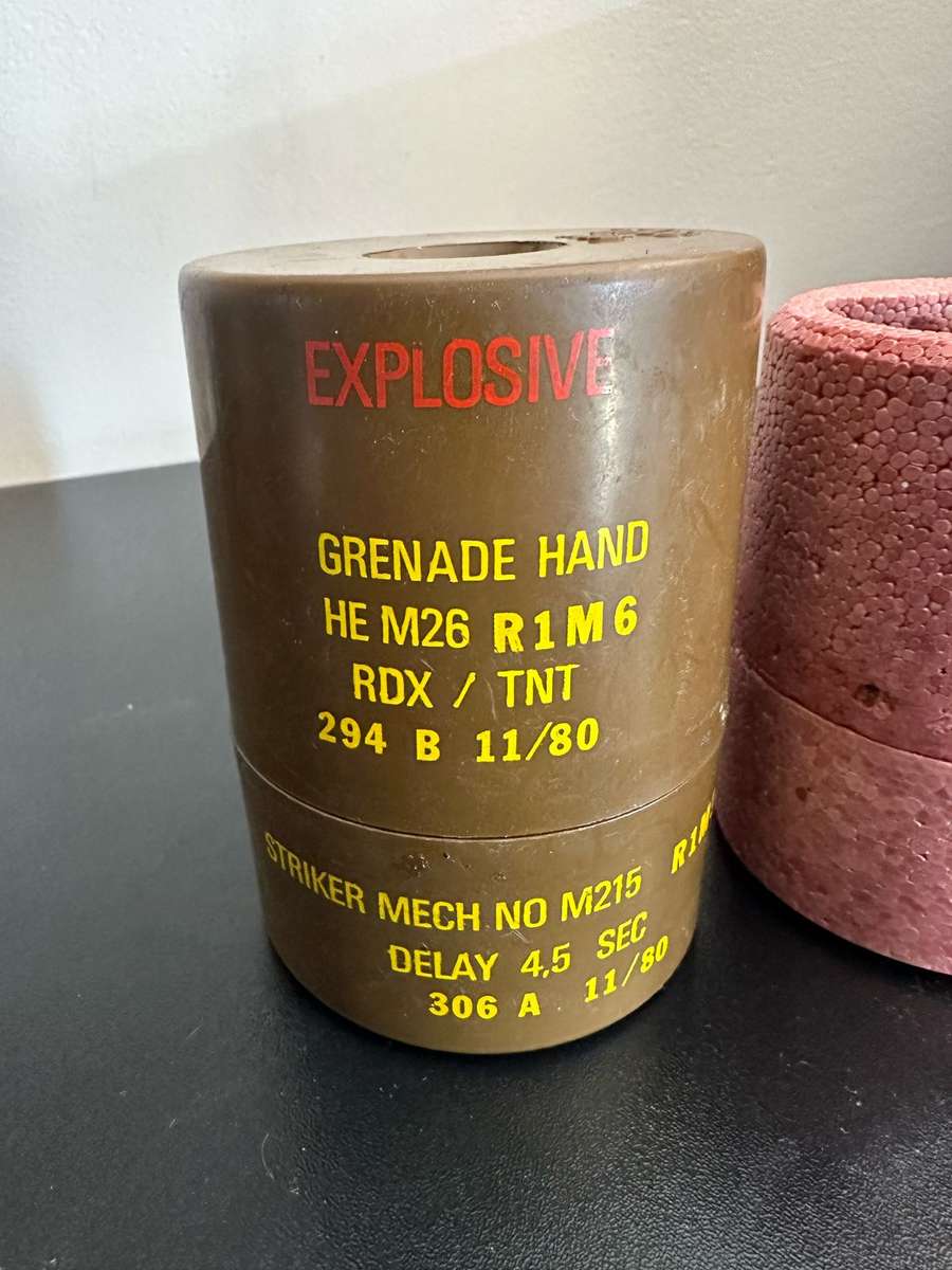 PLASTIC CANNISTER FOR THE M26 HANDGRENADE,COMPLETE WITH POLYSTYRENE INSERTS-IN VERY GOOD CONDITION-H