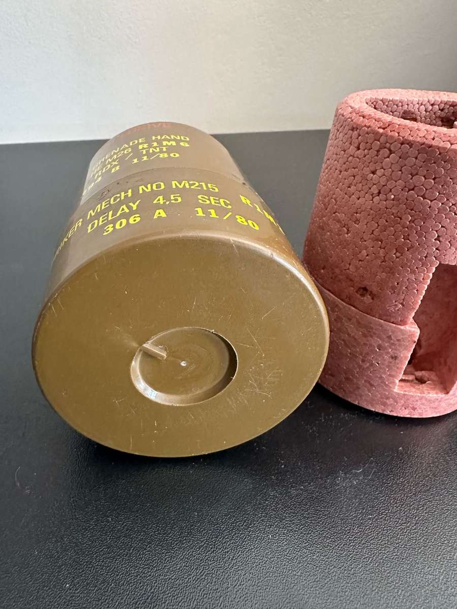 PLASTIC CANNISTER FOR THE M26 HANDGRENADE,COMPLETE WITH POLYSTYRENE INSERTS-IN VERY GOOD CONDITION-H