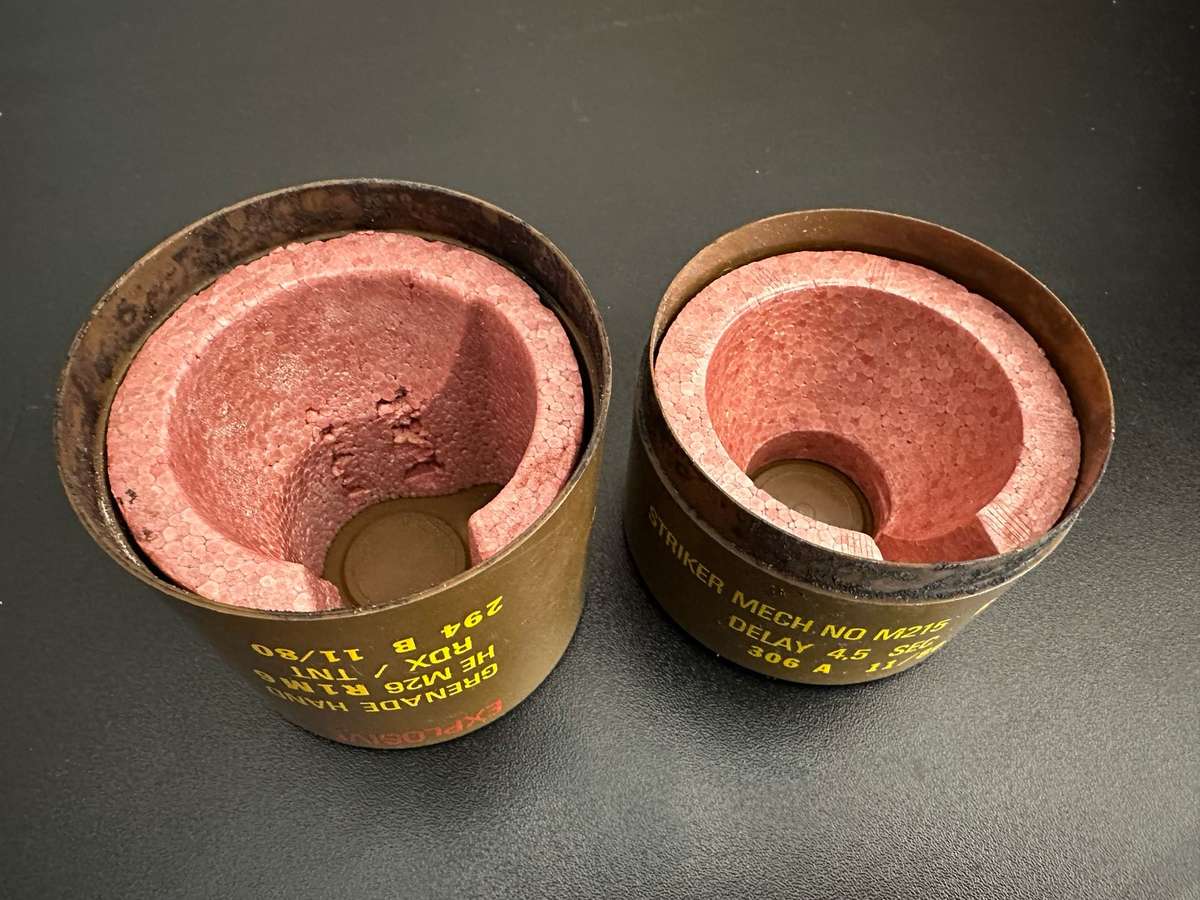 PLASTIC CANNISTER FOR THE M26 HANDGRENADE,COMPLETE WITH POLYSTYRENE INSERTS-IN VERY GOOD CONDITION-H