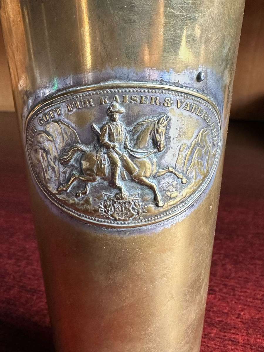 GERMAN SWA-SILVER PLATED BRASS RESERVISTENBEEHER-THIS CUP IS EMBOSSED ON ONE SIDE WIITH A VIEW OF A
