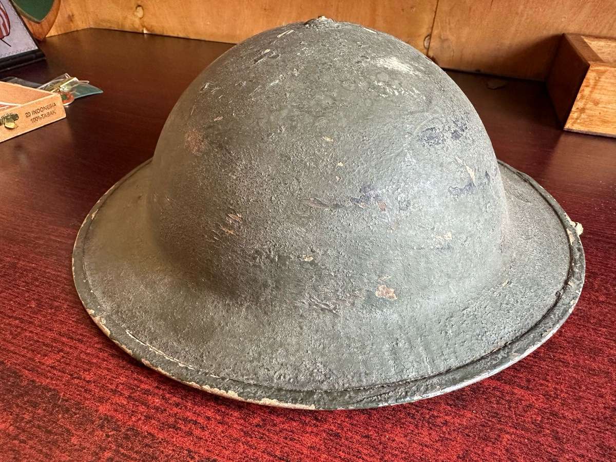 BRITISH WW2 BRODIE,STEEL HELMET THREE HOLES IN THE BACK FOR NECK FLAP (SA MADE) COMPLETE AND STILL G