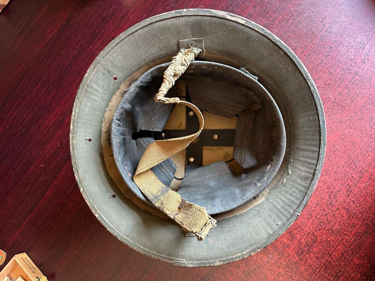 BRITISH WW2 BRODIE,STEEL HELMET THREE HOLES IN THE BACK FOR NECK FLAP (SA MADE) COMPLETE AND STILL G