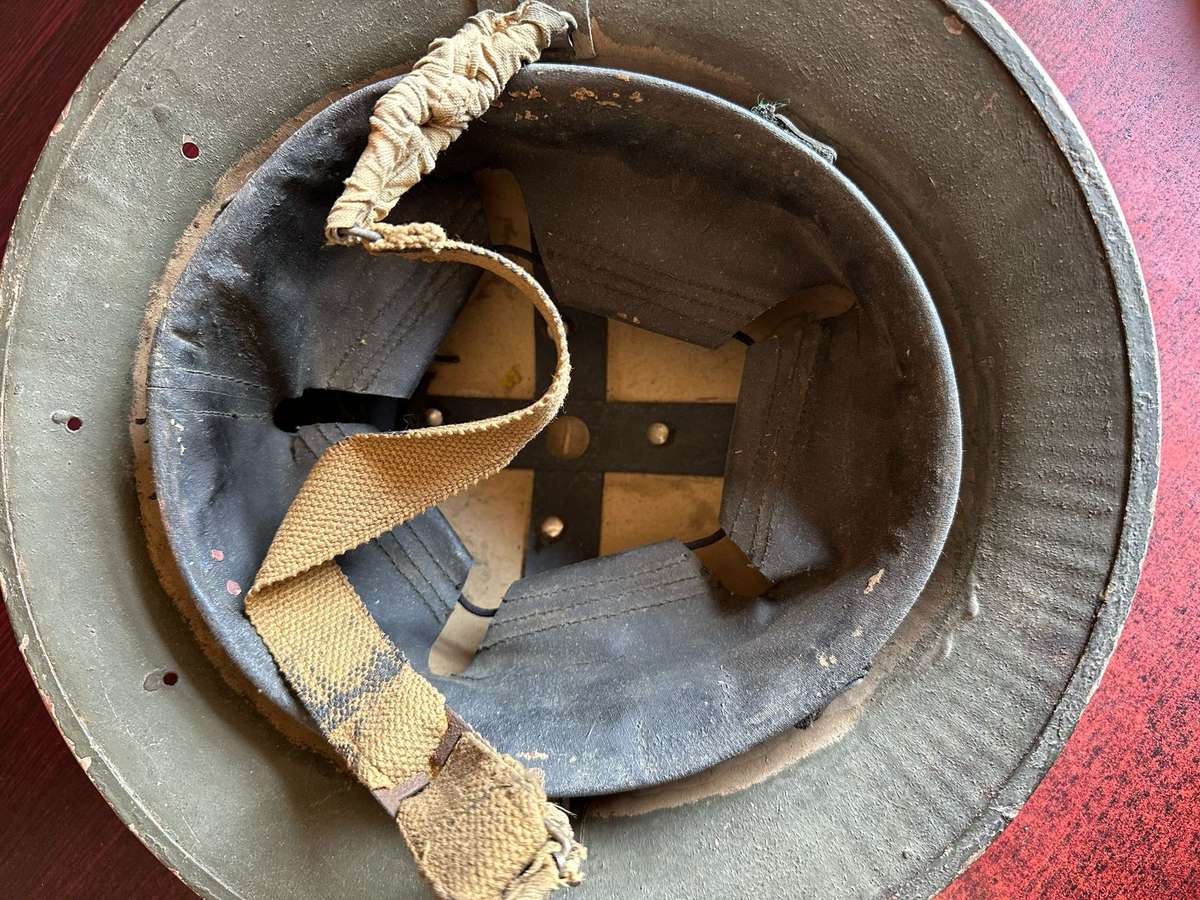 BRITISH WW2 BRODIE,STEEL HELMET THREE HOLES IN THE BACK FOR NECK FLAP (SA MADE) COMPLETE AND STILL G