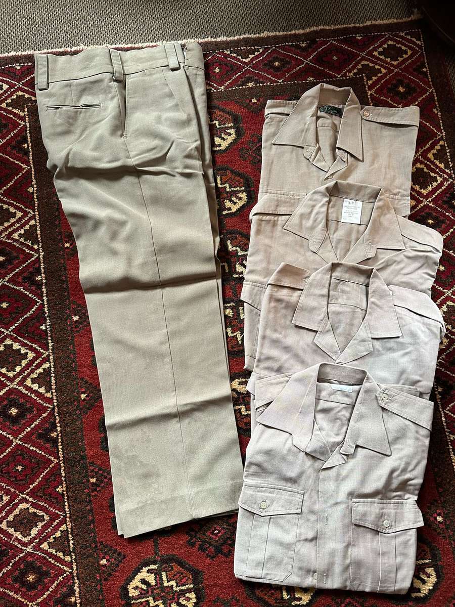 SADF BORDER WAR PERIOD,STEP OUT TROUSERS-SIZE 32-PIPE LENGTH 80CM-SHIRT SIZE MEDIUM-SHORT SLEEVE X4-