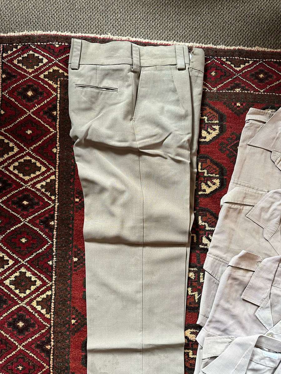SADF BORDER WAR PERIOD,STEP OUT TROUSERS-SIZE 32-PIPE LENGTH 80CM-SHIRT SIZE MEDIUM-SHORT SLEEVE X4-