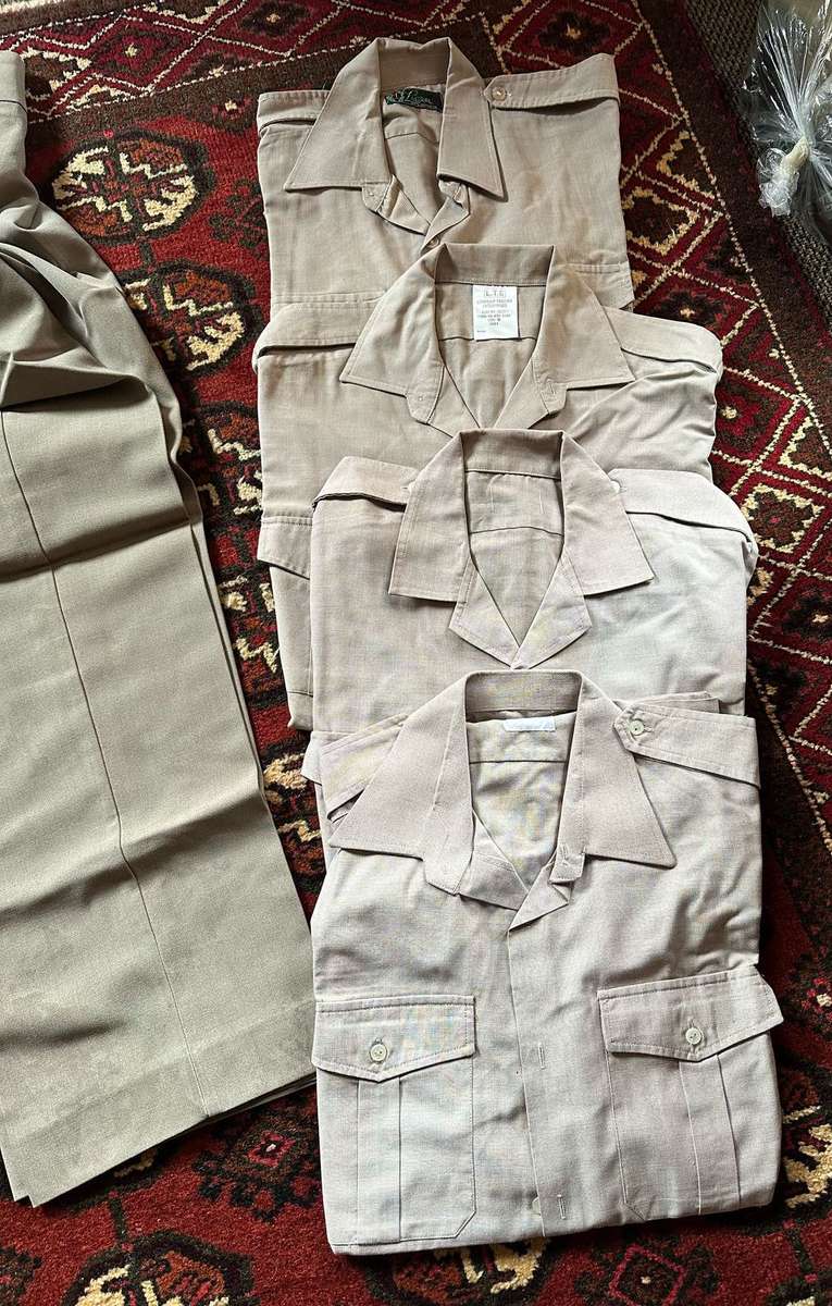 SADF BORDER WAR PERIOD,STEP OUT TROUSERS-SIZE 32-PIPE LENGTH 80CM-SHIRT SIZE MEDIUM-SHORT SLEEVE X4-
