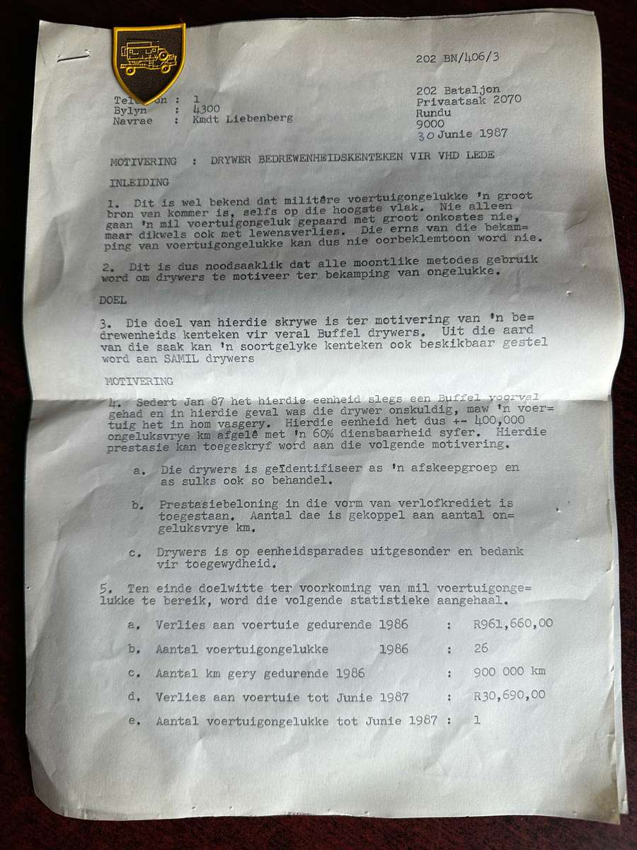 SWA BUFFEL QUALIFICATION BREAST BADGE WITH ORIGINAL LETTER-DATED 30 JUNE 1987-PLEASE LOOK AT PICTURE