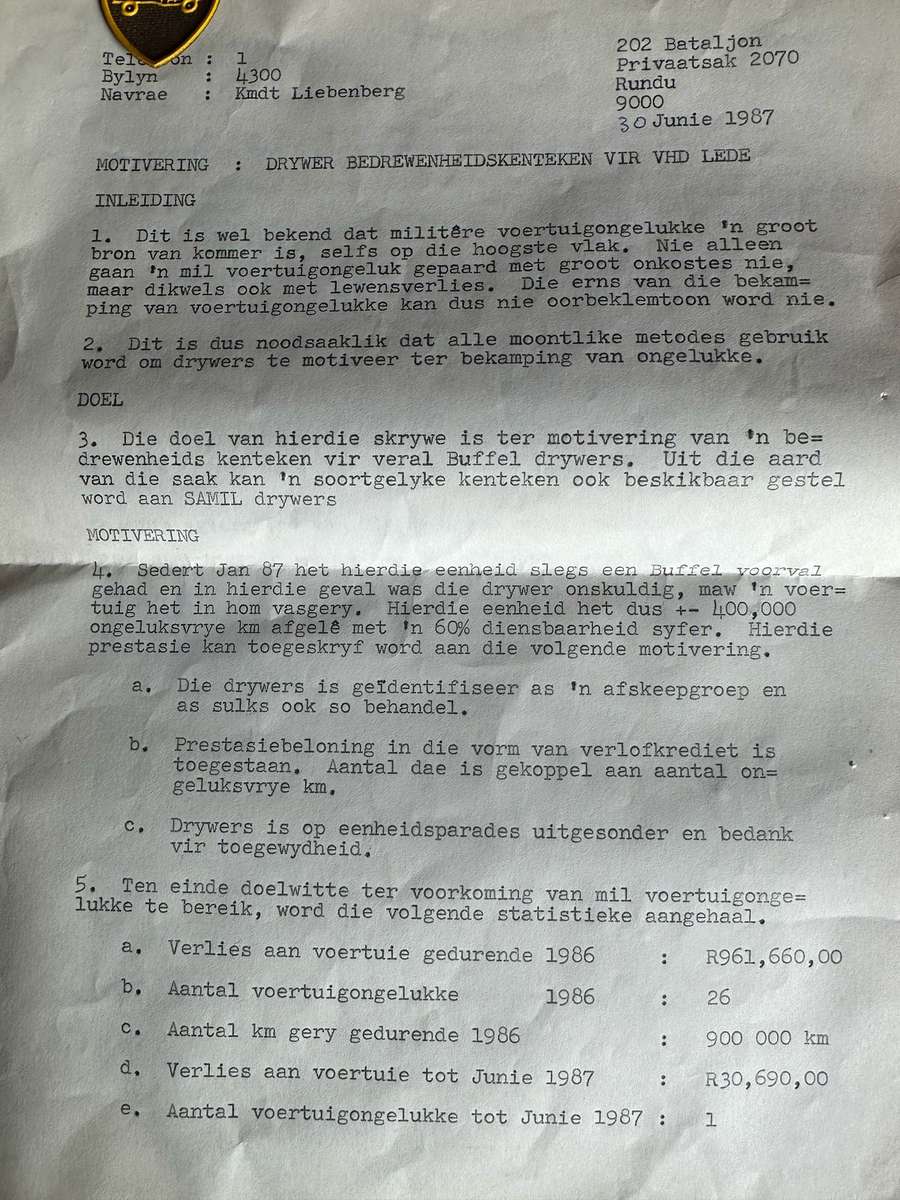 SWA BUFFEL QUALIFICATION BREAST BADGE WITH ORIGINAL LETTER-DATED 30 JUNE 1987-PLEASE LOOK AT PICTURE