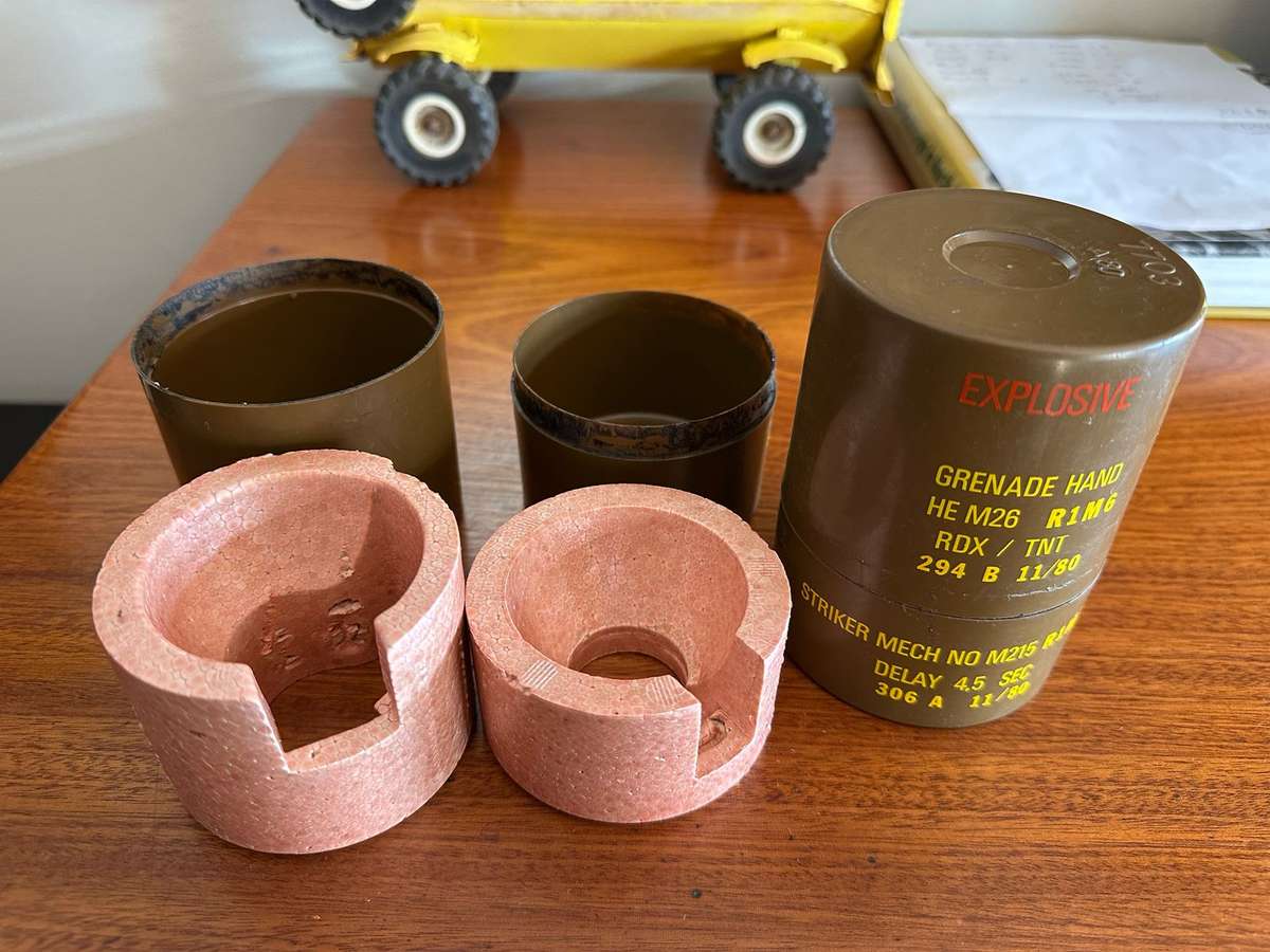 PLASTIC CANNISTER FOR THE M26 HAND GRENADE-COMPLETE WITH POLYSTYRENE INSERTS-IN VERY GOOD CONDITION-