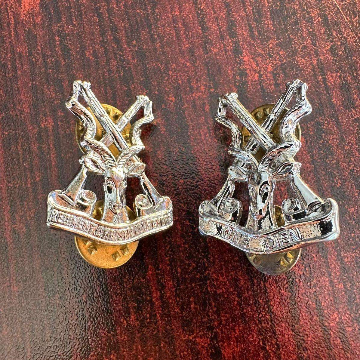 Regt. Christiaan Beyers, chrome collar badge pair. Worn from 1976. Pins intact