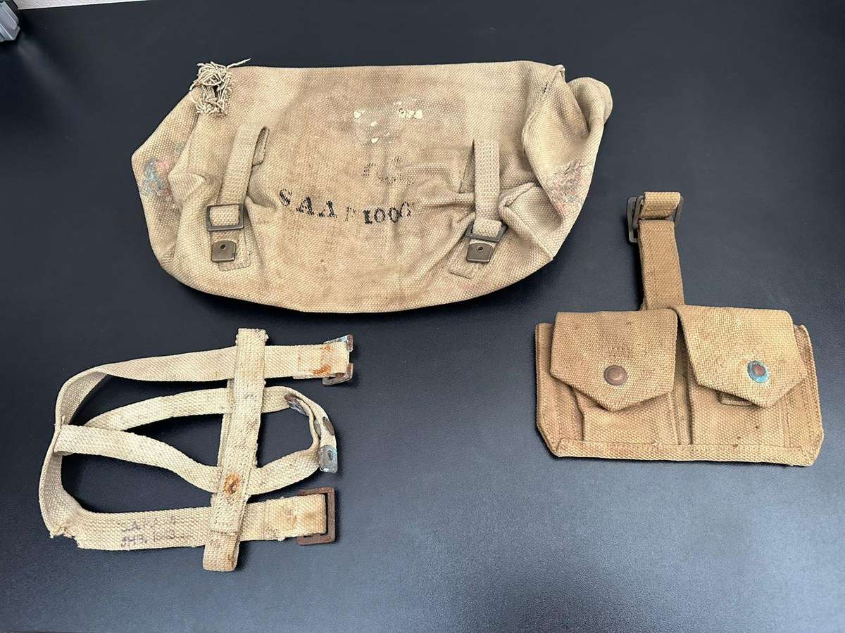 Selection of original period WW2 webbing pieces, the bigger bag with SAAF stamp.