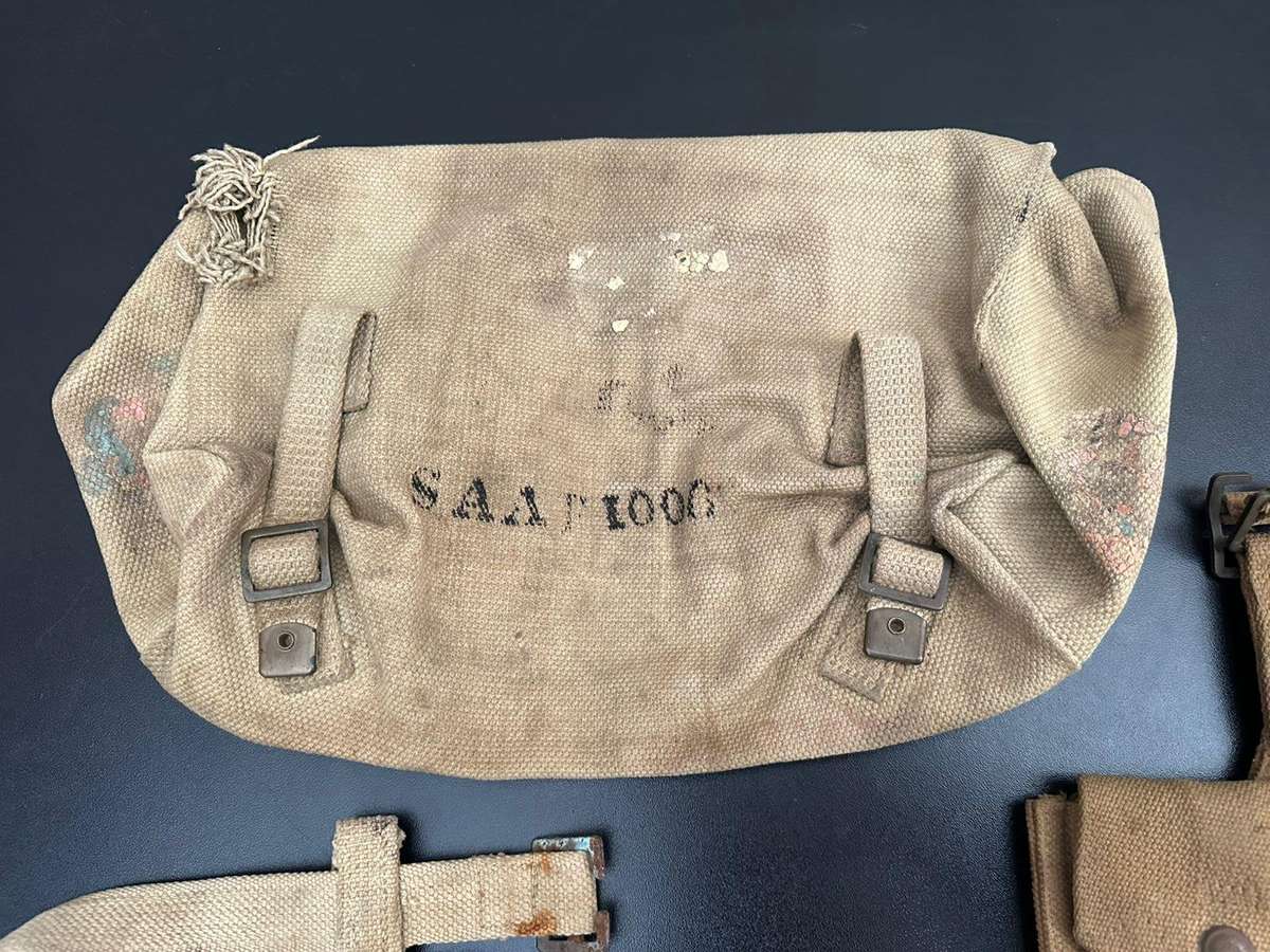 Selection of original period WW2 webbing pieces, the bigger bag with SAAF stamp.