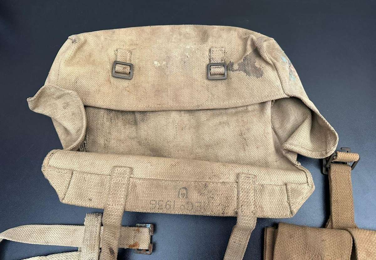 Selection of original period WW2 webbing pieces, the bigger bag with SAAF stamp.