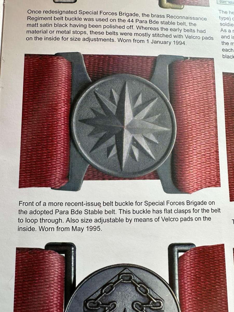 Original Special Forces Brigade stable belt buckle and part belt. Not numbered.