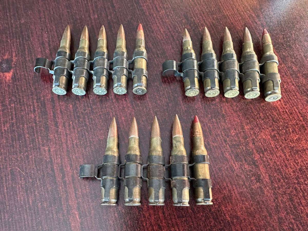 Border war period belted ammunition, 7,62 push through type. Deactivated. 3 Pieces sold together.