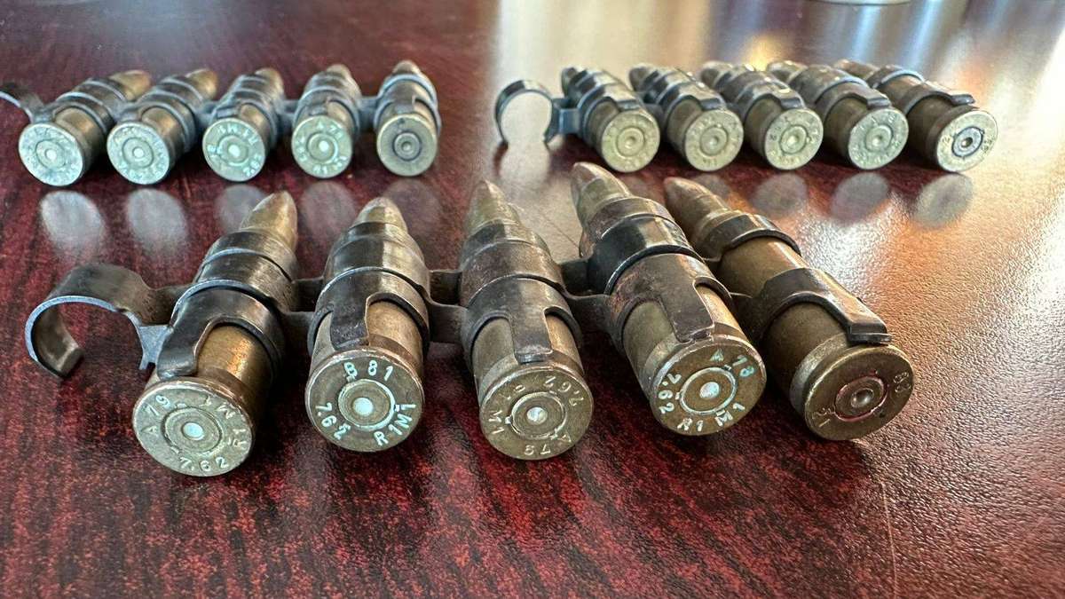 Border war period belted ammunition, 7,62 push through type. Deactivated. 3 Pieces sold together.