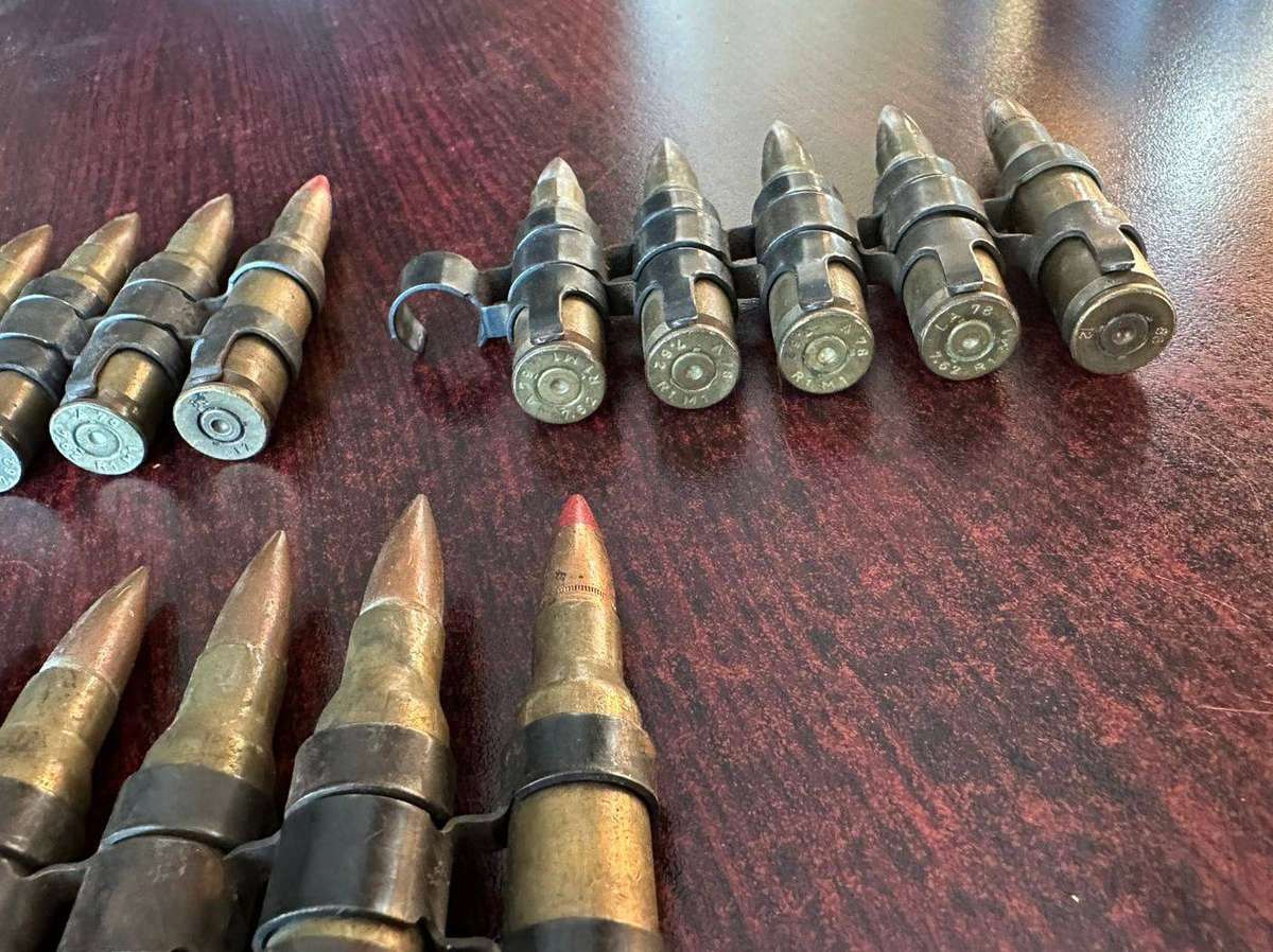 Border war period belted ammunition, 7,62 push through type. Deactivated. 3 Pieces sold together.