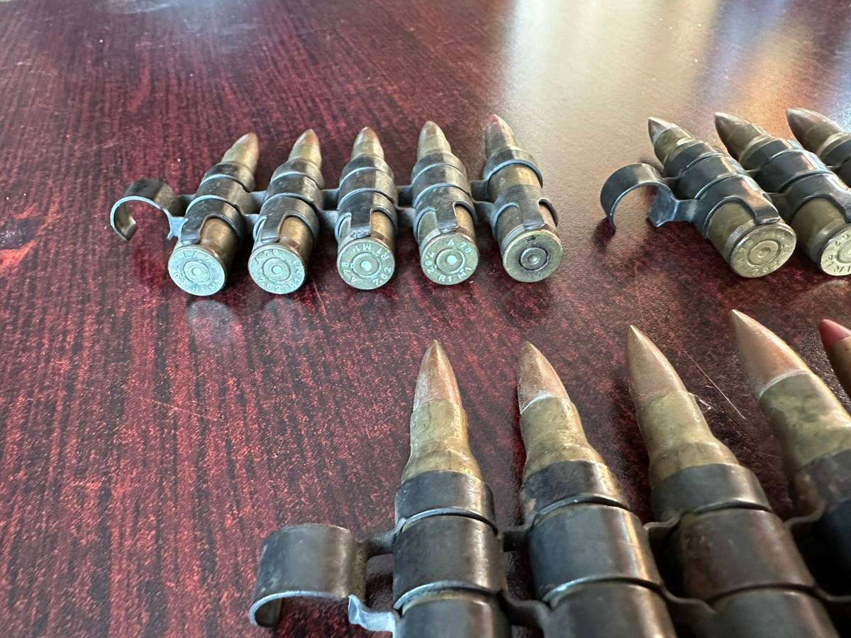 Border war period belted ammunition, 7,62 push through type. Deactivated. 3 Pieces sold together.
