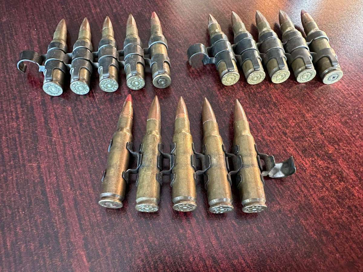 Border war period belted ammunition, 7,62 push through type. Deactivated. 3 Pieces sold together.