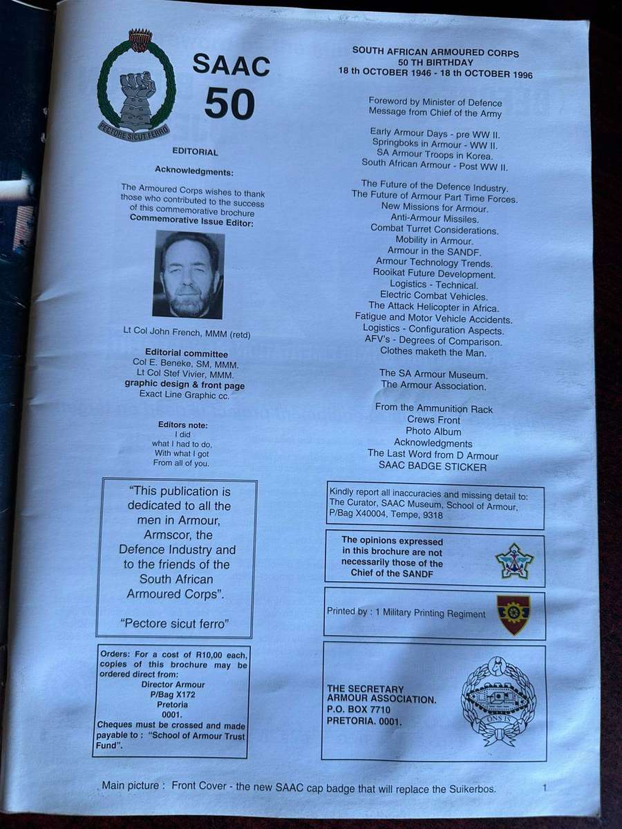 South African Armoured corps. 50th birthday 1946-1996. Special commemorative edition. 94 Pages. Cond