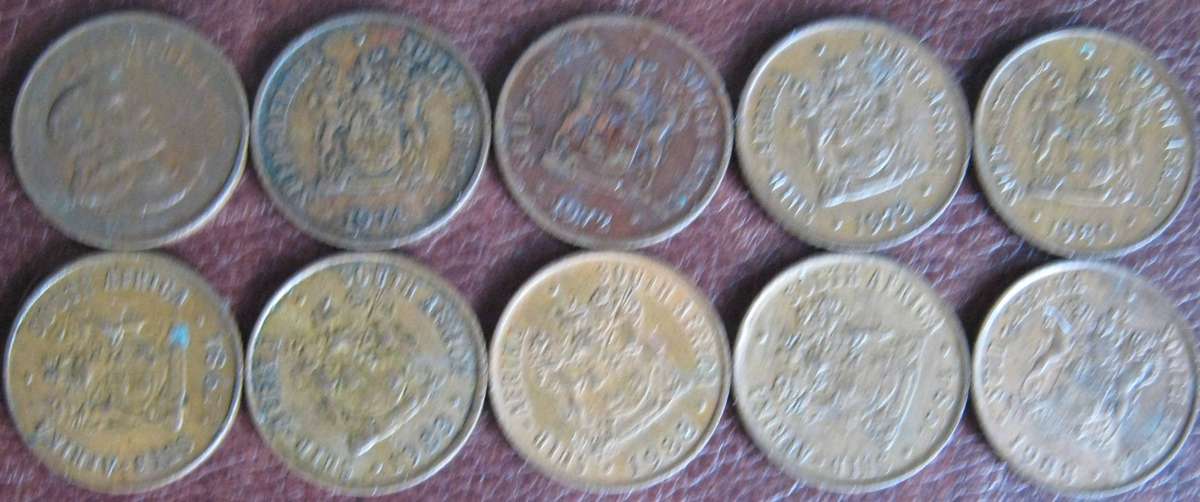10 South African 1c Coins 1967 | 1972 |1973 | 1974 | 1981 | 1983| 1984 || 1988 | 1988