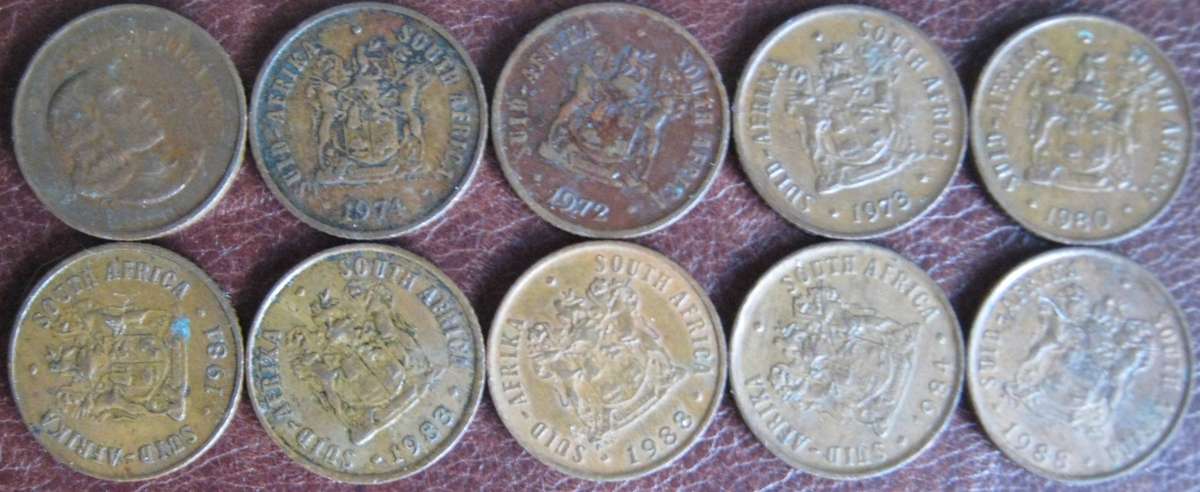 10 South African 1c Coins 1967 | 1972 |1973 | 1974 | 1981 | 1983| 1984 || 1988 | 1988