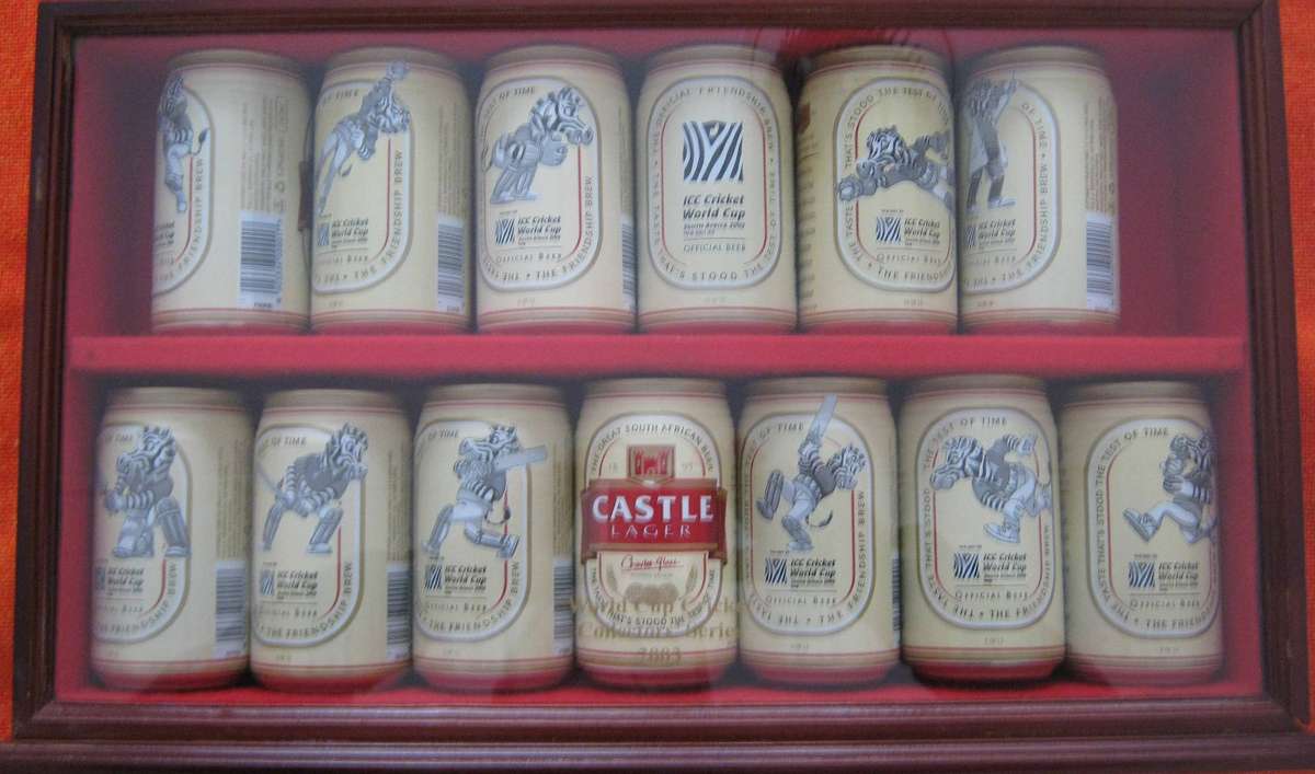 2003 ICC Cricket World Cup 12 Castle Beer Can Collection in Display Case