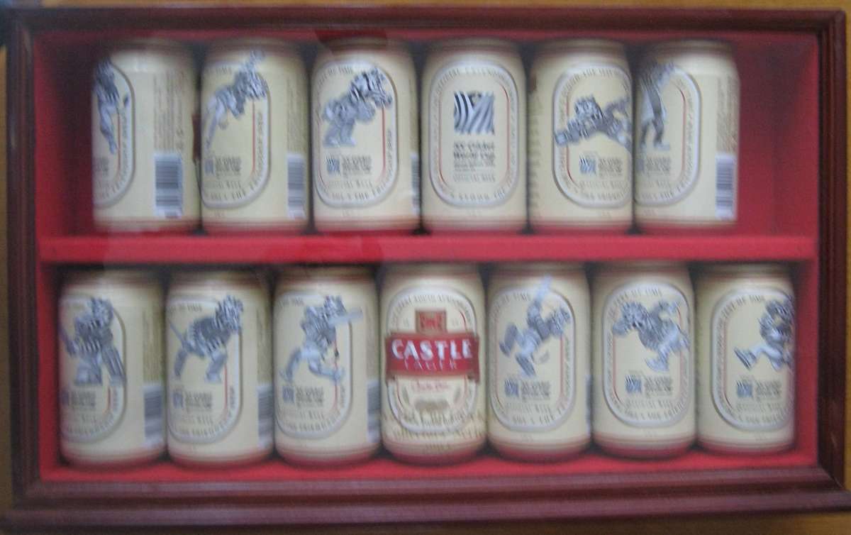 2003 ICC Cricket World Cup 12 Castle Beer Can Collection in Display Case