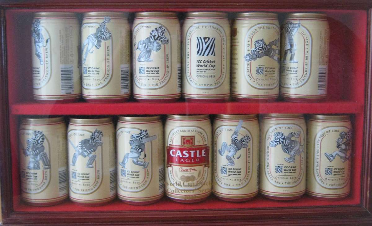 2003 ICC Cricket World Cup 12 Castle Beer Can Collection in Display Case