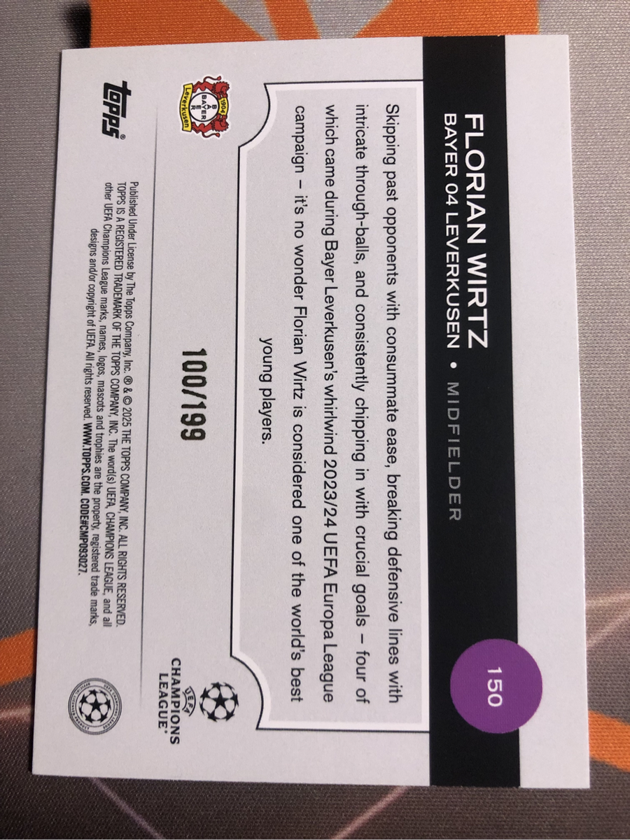 Florian Wirtz NUMBERED out of 199 Topps Soccer trading card