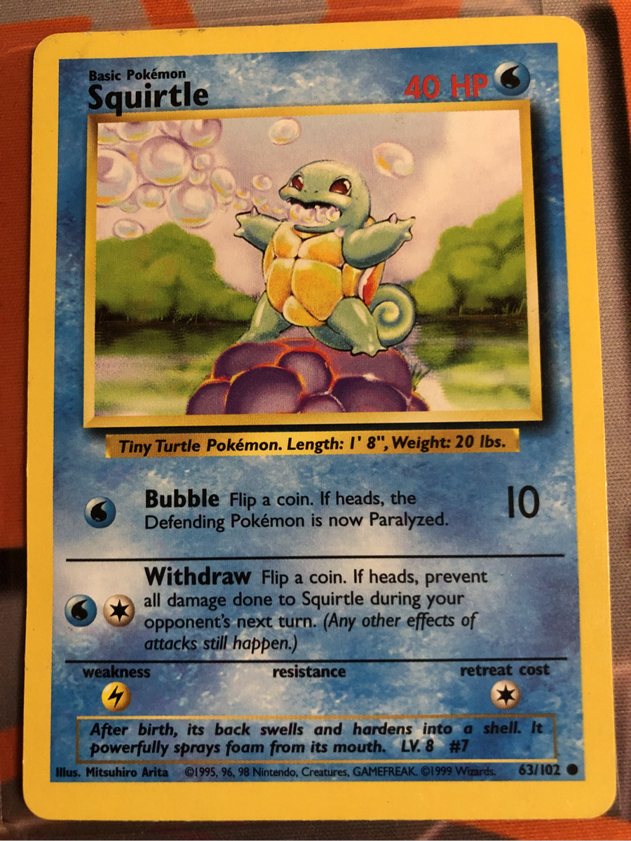 Squirtle VINTAGE 63/102 (Moderately played condition) 1999 Pokemon trading card