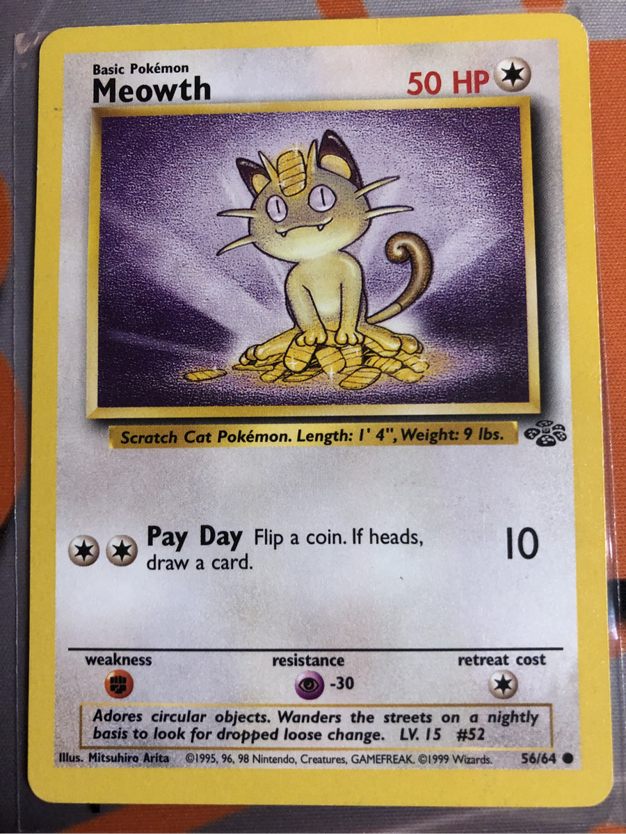 Meowth 56/64 VINTAGE (Moderatly played condition) Pokemon trading card