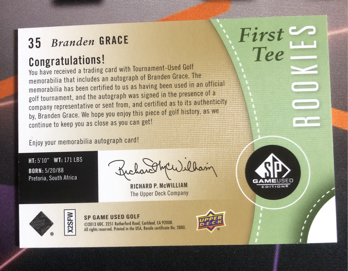 Branden Grace ROOKIE Patch Autograph  NUMBERED out of 399 2013 Golf trading card