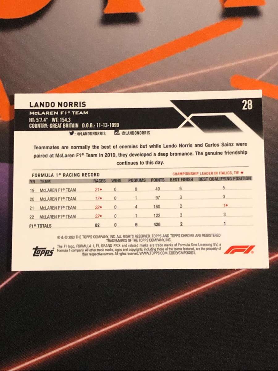 Lando Norris BASE F1 Topps chrome 2023 Formula One trading card