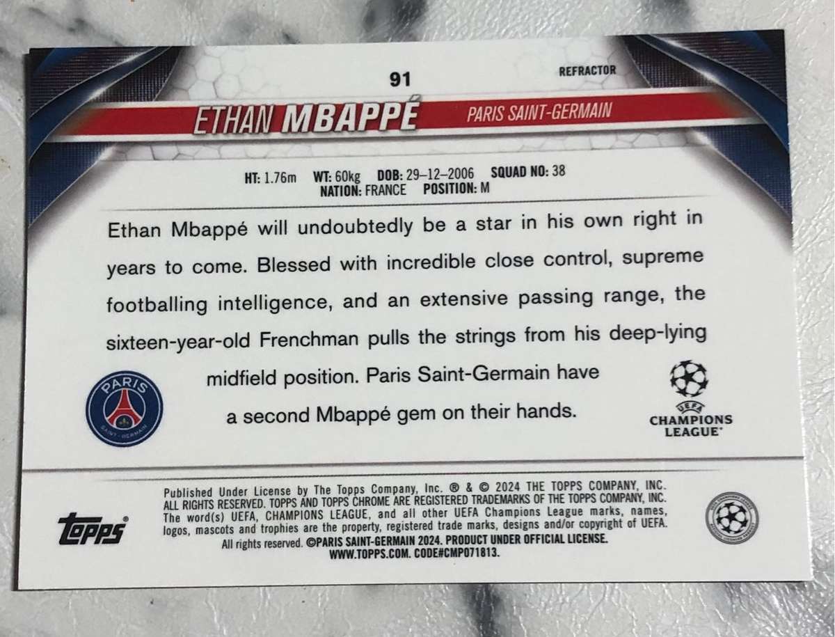 Ethan Mbappe ROOKIE Refractor 2024 (Kylian Mbappes younger brother) Topps soccer trading card
