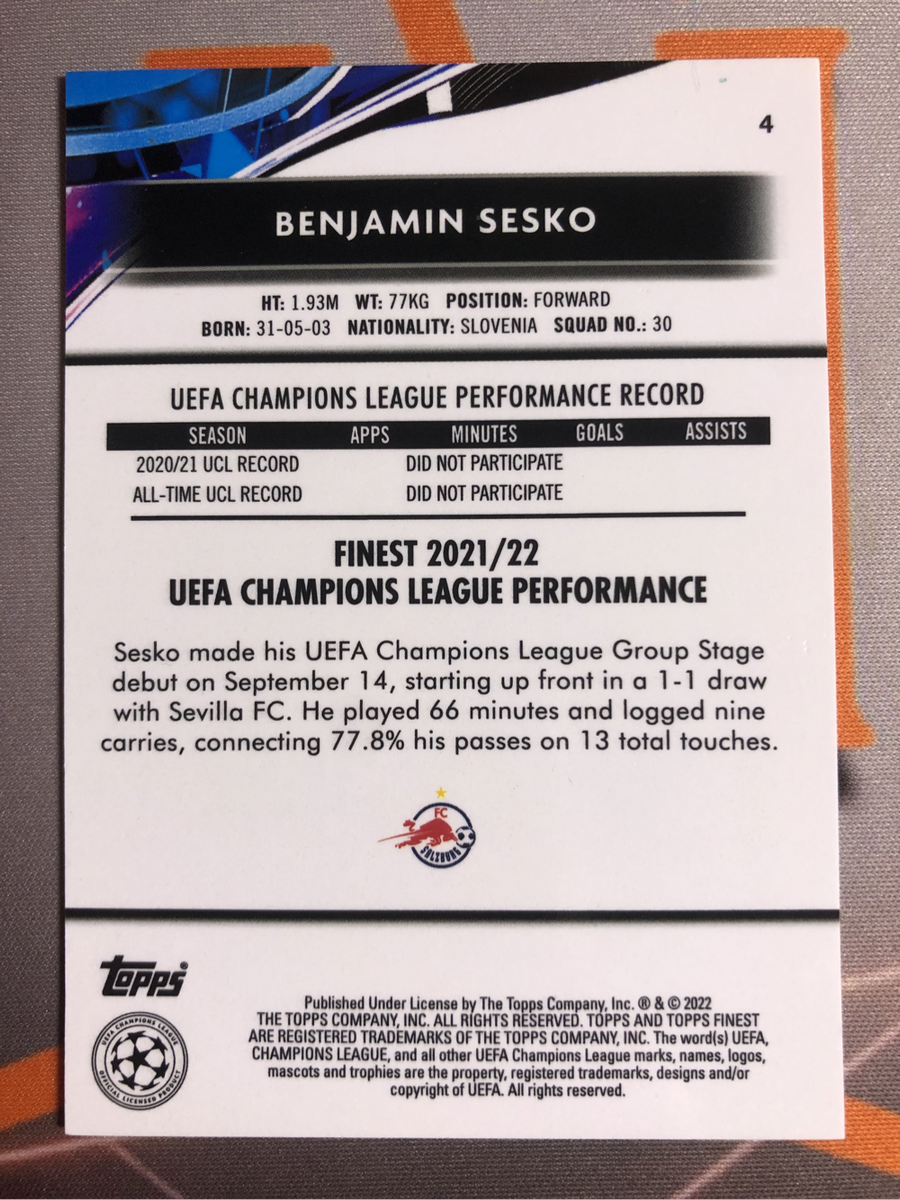 Benjamin Sesko ROOKIE Topps Finest 2022 soccer trading card