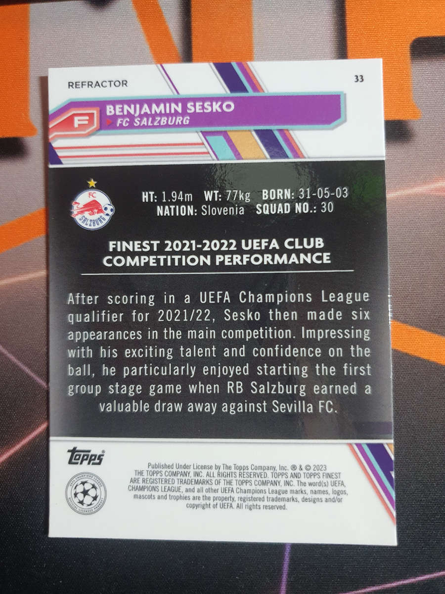 Benjamin Sesko REFRACTOR Topps Finest 2023 Soccer trading card
