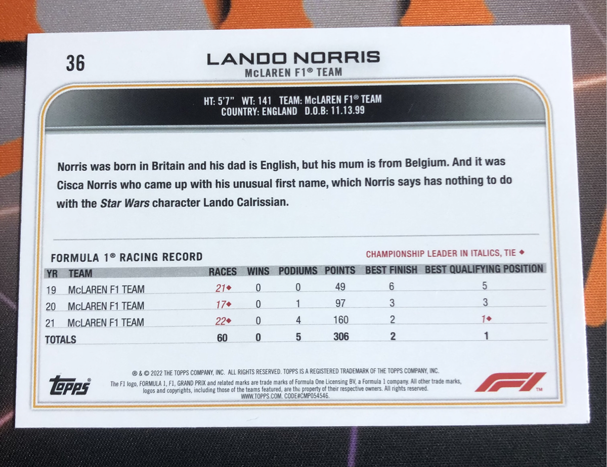 Lando Norris Topps 2022 F1 Formula One trading card